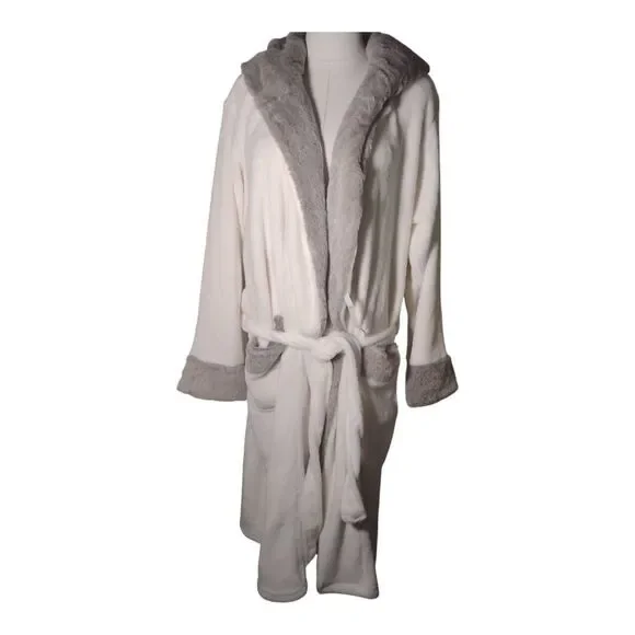 Plush Fuzzy Gray/White Bath Robe Size L/XL - Picture 3 of 6